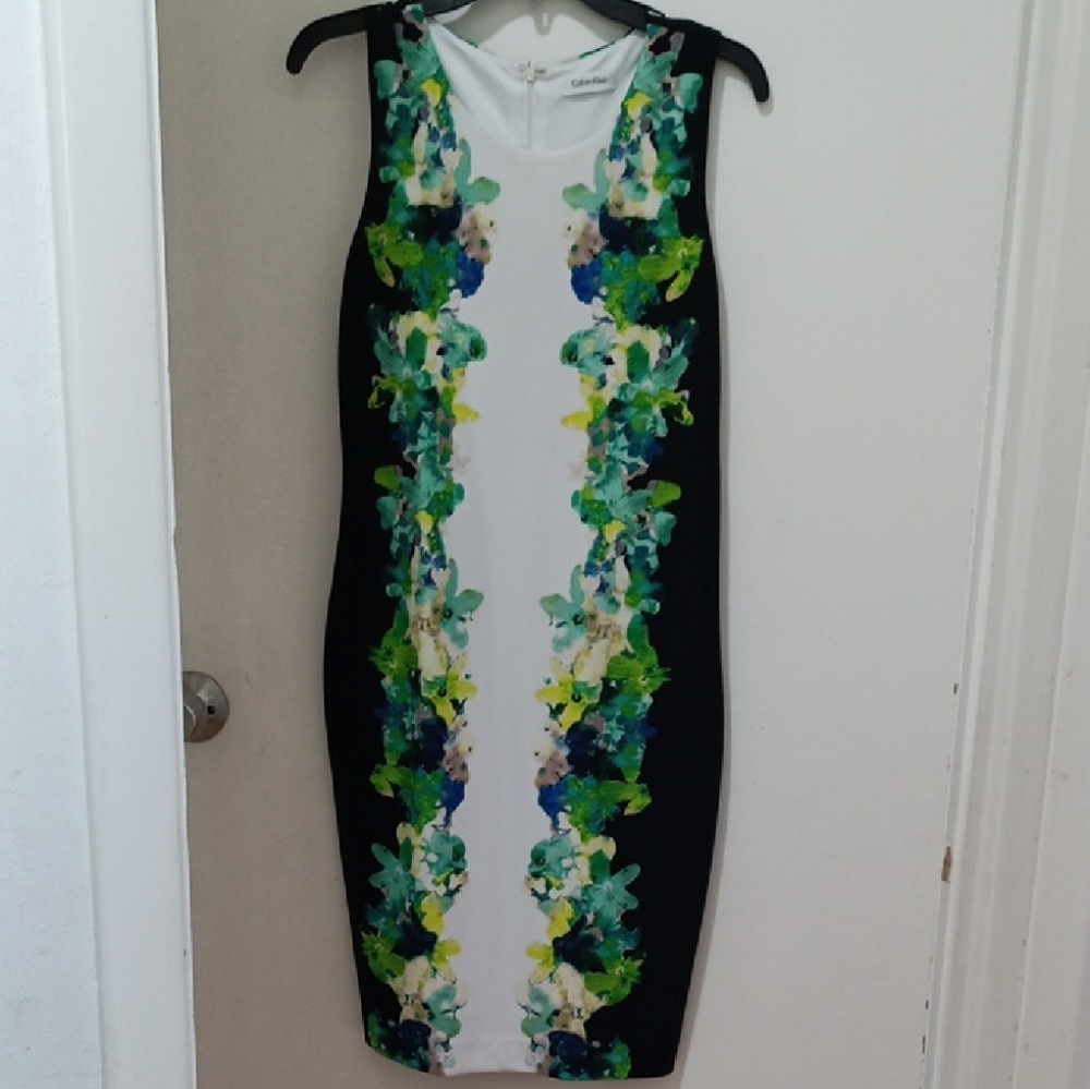 Calvin Klein Black and White Dress with Green Floral Design